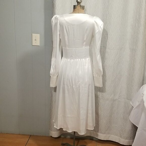 Spring Women White Dress V-neck Lantern Sleeve Dress Slim Solid Dress Mid-nwot - Picture 10 of 15
